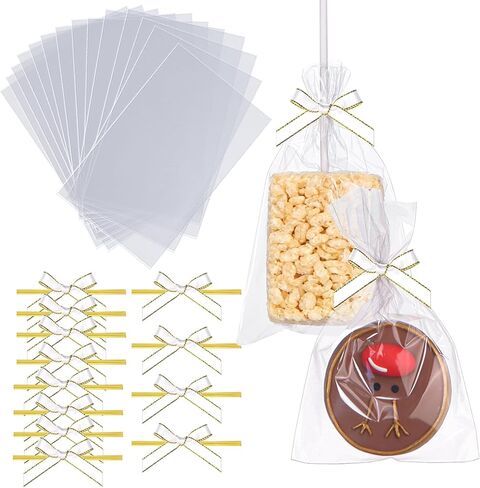 TEMLQPACK 50 قطعة مقاس 4 × 6 بوصات أكياس حلوى السيلوفان رايس كريسبي ذات الغلق المسطح مع إكسسوارات فيونكة وردية، قابلة للإغلاق من أجل مجوهرات حلوى البسكويت وتغليف المنتجات الصغيرة in Kuwait