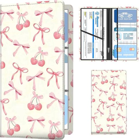 Leather Car Registration and Insurance Holder, Premium Vehicle Glove Box Car Organizer with Magnetic Shut, Cute Interior Car Accessories Cute Pink White Plaid in Saudi Arabia