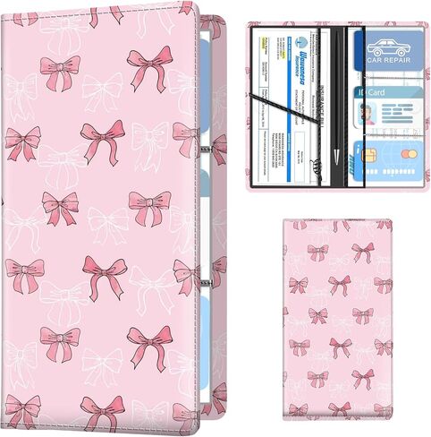 Leather Car Registration and Insurance Holder, Premium Vehicle Glove Box Car Organizer with Magnetic Shut, Cute Interior Car Accessories Cute Pink White Plaid in Saudi Arabia