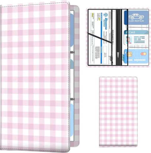 Leather Car Registration and Insurance Holder, Premium Vehicle Glove Box Car Organizer with Magnetic Shut, Cute Interior Car Accessories Cute Pink White Plaid in Saudi Arabia