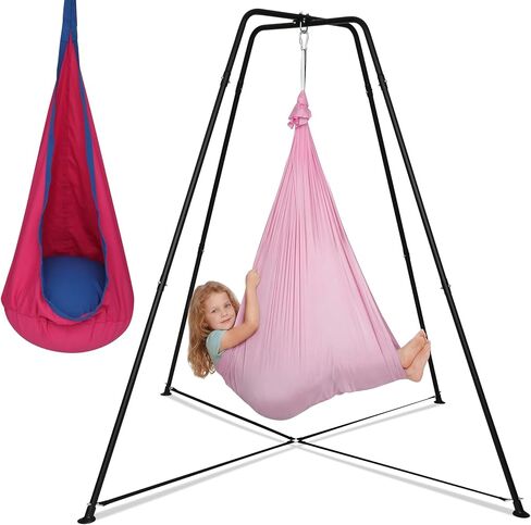 Swing Stand Frame with Sensory Swing and Pod Swing, Heavy-Duty X-Frame Sensory Swing Stand for Kids, Indoor & Outdoor Autism Sensory Hammock with Stand 330LBS Capacity for Home Backyard Park （Pink） in Kuwait
