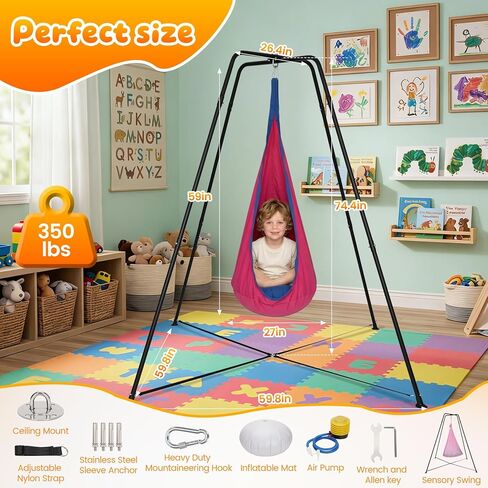 Swing Stand Frame with Sensory Swing and Pod Swing, Heavy-Duty X-Frame Sensory Swing Stand for Kids, Indoor & Outdoor Autism Sensory Hammock with Stand 330LBS Capacity for Home Backyard Park （Pink） in Kuwait
