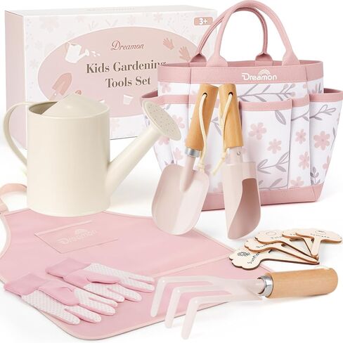 Dreamon Gardening Set Toys for Kids, Quality Garden Tool Kit Includes Tote Bag, Apron, Gloves, Shovel, Rake, Cultivator, Watering Can, STEM Learning Outdoor Gifts for Kids Toddlers (Pink) in Saudi Arabia