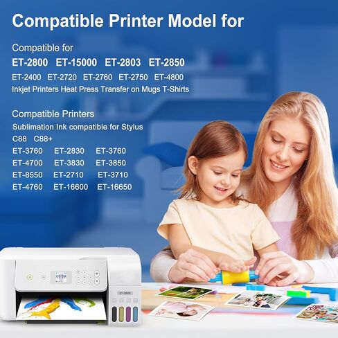 زجاجات إعادة تعبئة حبر التسامي متوافقة مع طابعات Epson ET2400 ET2800 ET4800 ET15000 ET8550 ET2850 ET2803 ET3830 ET3850 نقل الضغط الحراري على الأكواب (4 عبوات) in Kuwait