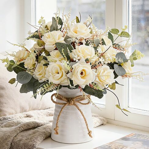 LESING Artificial Rose Flowers with Vase Faux Silk Fake Rose Flowers Bouquets in Vase Table Centerpiece Arrangement for Home Wedding Decoration (Champange) in Saudi Arabia