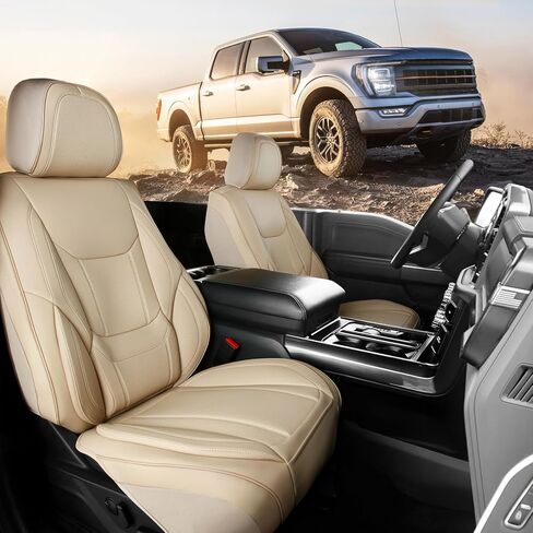 أغطية مقاعد السيارة الملائمة المخصصة من Coverland للشاحنة المتوافقة مع [Ford F150، F150 Lightning، F250 F350 F450 Super Duty] واقي داخلي من الجلد الفاخر غير قابل للانزلاق [مجموعة كاملة بني داكن - جدول المقاسات X85] in Kuwait