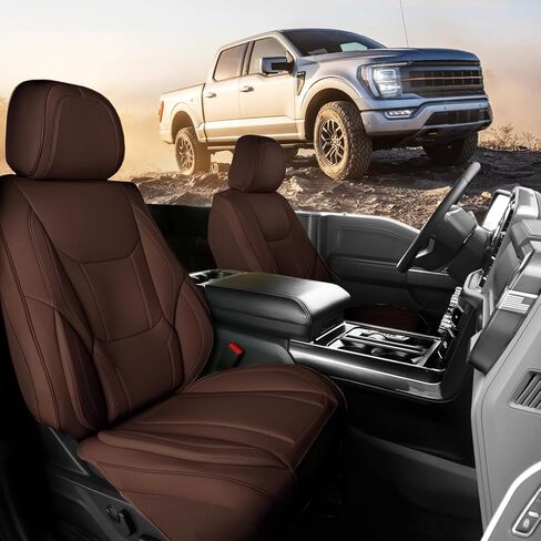 أغطية مقاعد السيارة الملائمة المخصصة من Coverland للشاحنة المتوافقة مع [Ford F150، F150 Lightning، F250 F350 F450 Super Duty] واقي داخلي من الجلد الفاخر غير قابل للانزلاق [مجموعة كاملة بني داكن - جدول المقاسات X85] in Kuwait