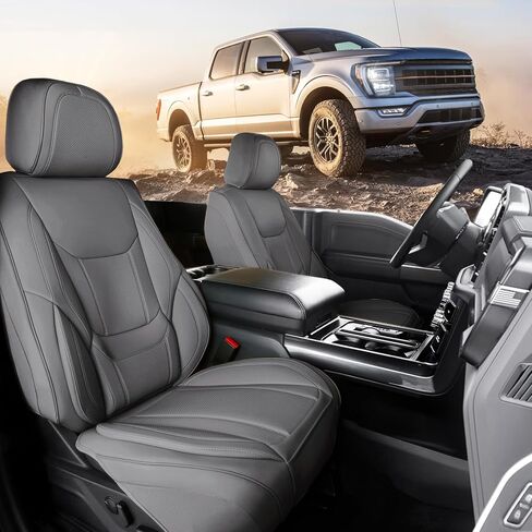 أغطية مقاعد السيارة الملائمة المخصصة من Coverland للشاحنة المتوافقة مع [Ford F150، F150 Lightning، F250 F350 F450 Super Duty] واقي داخلي من الجلد الفاخر غير قابل للانزلاق [مجموعة كاملة بني داكن - جدول المقاسات X85] in Kuwait