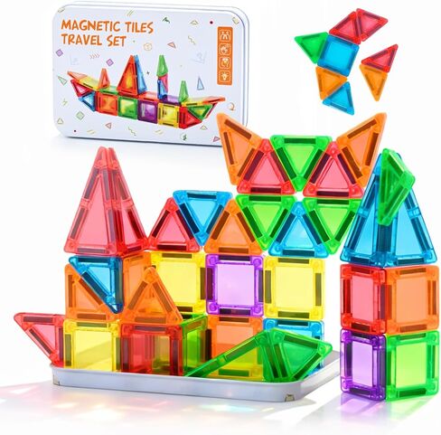 MAGBLOCK 30PCS Mini Magnetic Tiles with Portable Iron Box, Travel Size Toys Magnetic Building Blocks Set for Kids Ages 3+, STEM Sensory Montessori Toys for Road Trip Essentials Airplane Car Activities in Kuwait