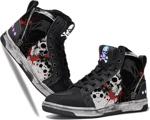 Men's Gothic Skull High Top Sneakers, Unisex Casual Motorcycle Riding Shoes with Edgy Design for Urban Commuting in Saudi Arabia