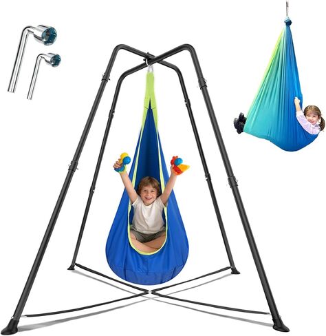 Swing Stand Frame with Sensory Pod Swings and Chair,X-Shaped Swing Set，Heavy-Duty Metal Hammock Chair Stand, Indoor Outdoor 330LBS(Blue) in Kuwait