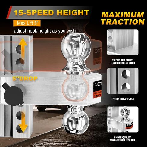 Adjustable Trailer Hitch Fits 2-inch Receiver, Heavy Duty Aluminum Tow Hitches,6-inch Drop/Rise, Solid Tube Hitch,for Truck(12,500 LBS GTW), Double Anti-Theft Locking Hitch Pins (Silver) in Kuwait
