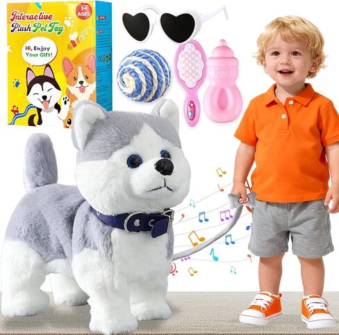 HCdoujoy Husky Walking Dog Barking Toy, Musical Singing Dancing Volume Control Interactive Puppy Walk Along with Leash, Wagging Tail Shaking Head, Robot Plush Stuffed Animal Puppy for Kid in Kuwait