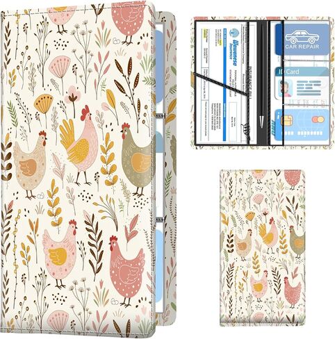 Leather Car Registration and Insurance Holder, Premium Vehicle Glove Box Car Organizer with Magnetic Shut, Cute Interior Car Accessories Cute Colorful Chicken Leaf in Saudi Arabia