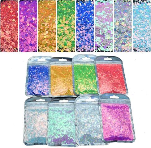 Mix Glitter, Foluvinzzis Crafts Sequins Chunky Glitter Powder for Snow Globe Tumblers, Resin, Epoxy, Slime, Holiday Decoration, Nail Arts, Printing, Face, Hair, Makeup (8bags) in Kuwait