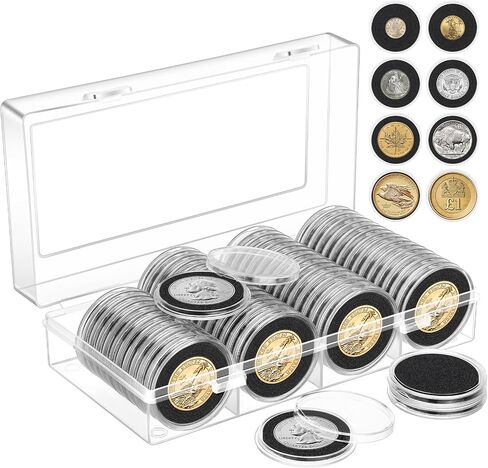 60pcs 40mm Coin Capsules Set, Coin Holders for Collectors with 8 Sizes (17/20/25/27/30/33/38/40mm) Adjustable Black Foam Gaskets and Plastic Storage Box in Kuwait