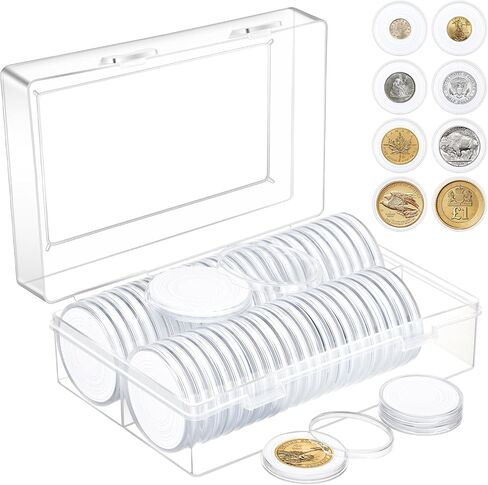 60pcs 40mm Coin Capsules Set, Coin Holders for Collectors with 8 Sizes (17/20/25/27/30/33/38/40mm) Adjustable Black Foam Gaskets and Plastic Storage Box in Kuwait