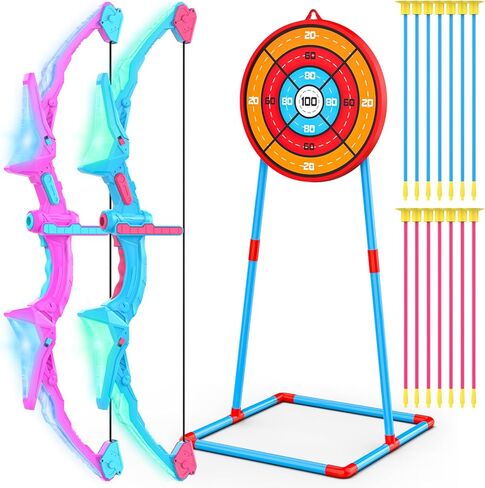 Polkoliye 2 Pack of Kids Bow & Arrow Set, Light Up Archery Toy Set with 14 Suction Cup Arrows Standing Target, Perfect Indoor Outdoor Toys Birthday Gifts Ideas for Boys Girls, Medium in Kuwait