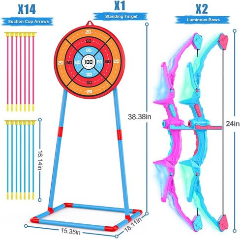 Polkoliye 2 Pack of Kids Bow & Arrow Set, Light Up Archery Toy Set with 14 Suction Cup Arrows Standing Target, Perfect Indoor Outdoor Toys Birthday Gifts Ideas for Boys Girls, Medium in Kuwait