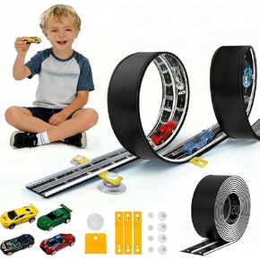 16.4Ft Flexible Race Track for Kids Ages 3+, Patterned Dual-Lane Roll Up Race Track Set with 4 Toy Cars & Suction Cups, Compatible with 1/64 Diecast Cars, Portable DIY Racing Toy (Black) in Kuwait