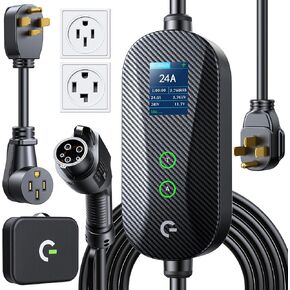Carbon Fiber Level 2 EV Charger, 24A Adjustable Current/Timer/Smart Display, NEMA 14-30 Dryer Outlet & 14-50 Plug, 21FT EV Charging Cable, J1772 Connector for SEA J1772 EVs/PHEVs in Saudi Arabia