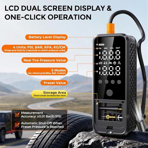 160PSI Tire Inflator Portable Air Compressor, 6000mAh Portable Tire Inflator for Car Portable Air Pump with Tire Gauge Pressure & LED Light Air Pump for Car Tires Cordless Bike Pump for Car in Kuwait
