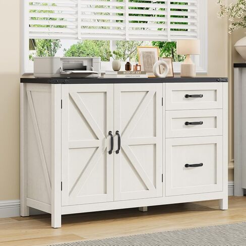 3 Drawer File Cabinet, Farmhouse Lateral Filing Cabinet with Doors for Letter/A4 Size Hanging Files, Large Wood Storage Cabinets Printer Stand with Adjustable Shelf for Home Office, White and Brown in Kuwait