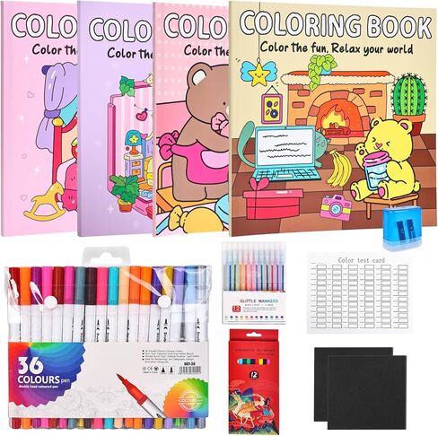 Coloring Book Set for Adults and Teens,3 PacK Easy and Simple Designs Coloring Set,Stress Relief Gifts with 36 Colors Markers &12 Pcs Glitter Markers &12 pcs Colored Pencils for adults Relaxation in Saudi Arabia