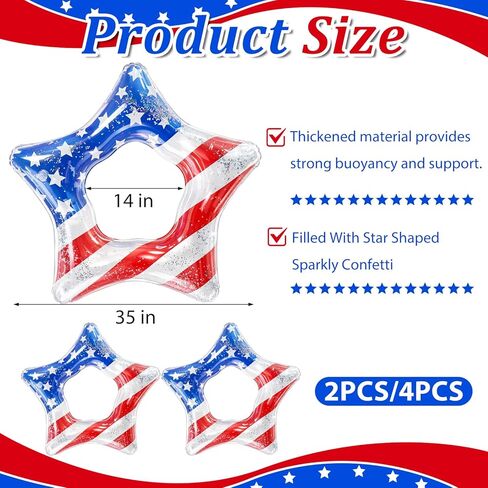 USA Inflatable Pool Floats - 35In American Flag Pool Tubes Patriotic Star Shaped Swim Rings Filled with Stars Confetti for Beach, Lake & Pool Summer Party Independence Memorial Day Decorations in Kuwait