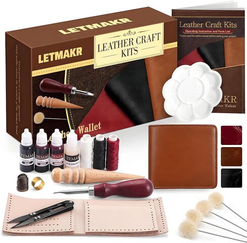 Leather Working Kit-Leather Crafting Tools with Cowhide and Paint Set-Men's Wallet DIY Kit-Hobbies for Women and Men-Art and Crafts for Adults- Birthday Gift for Men,Dad,Boyfriend,Husband in Kuwait