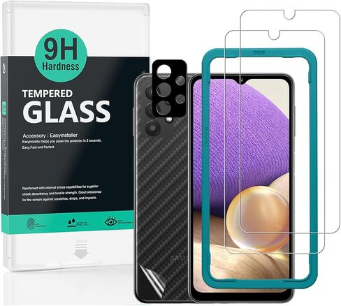 IBYWIND Screen Protector For SamSung Galaxy A32 5G(6.5 Inches),with 2Pcs Tempered Glass,1Pc Camera Lens Protector,1Pc Backing Carbon Fiber Film[Fingerprint Reader,Easy to install] in Kuwait