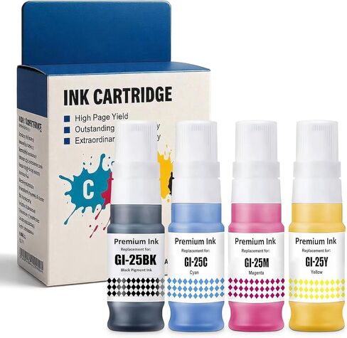 زجاجات إعادة تعبئة الحبر Pigment GI-25 متوافقة مع طابعة Canon Maxify GX1020 GX2020 Megatank، أسود سماوي أرجواني أصفر 4 عبوات (1 أسود، 1 سماوي، 1 أرجواني، 1 أصفر) in Kuwait