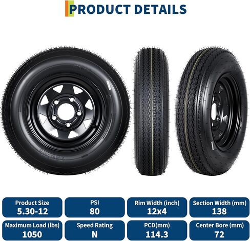 Garvee 2-Pack 5.30-12 5.30x12 530-12 Trailer Tires with 12" Rims, 5 Lug on 4.5" Bolt Pattern, 6PR Load Range C, Heavy Duty 5.30x12 5.3-12 Tires for Utility, Boat, Camper, Cargo Trailers in Saudi Arabia