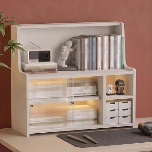 Storage Shelving Unit Desktop Wooden Book Shelf Multi Storey Organizer with Plastic Sliding Cabinet Doors Rack Bookshelf in Kuwait