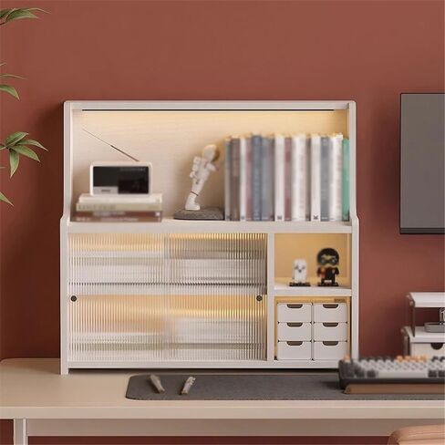 Storage Shelving Unit Desktop Wooden Book Shelf Multi Storey Organizer with Plastic Sliding Cabinet Doors Rack Bookshelf in Kuwait