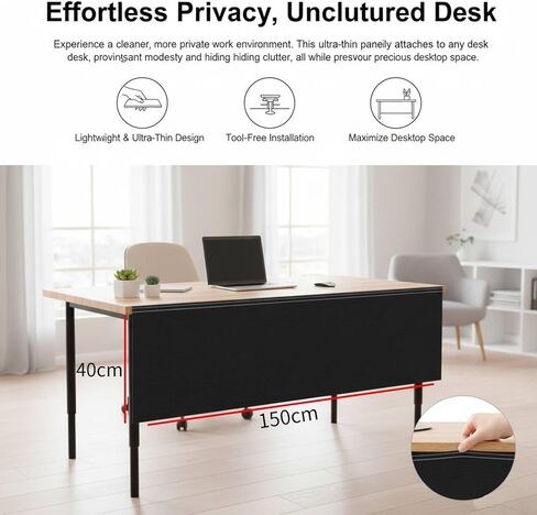 2Pcs 60 Inch Under Desk Privacy Panel, Self-Adhesive Desk Back Panel with Cable Management Pocket for Cord Organizer, Black Oxford Fabric Modesty Panels for Home Office Workstation in Kuwait