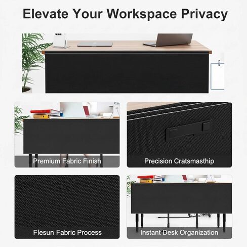 2Pcs 60 Inch Under Desk Privacy Panel, Self-Adhesive Desk Back Panel with Cable Management Pocket for Cord Organizer, Black Oxford Fabric Modesty Panels for Home Office Workstation in Kuwait