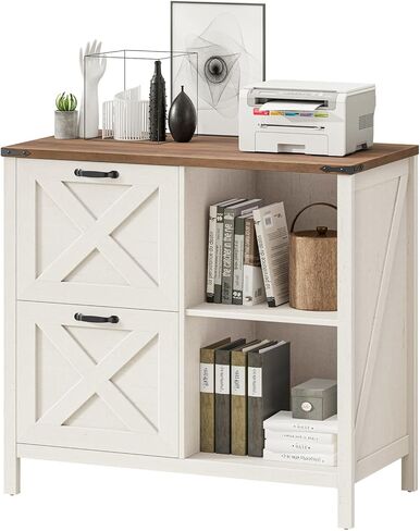 Halitaa 3 Drawer File Cabinet, Farmhouse Lateral Filing Cabinet Fits Files Letter or A4 Size, Wooden Printer Stand with Open Storage Adjustable Shelf for Home Office, White and Brown in Kuwait