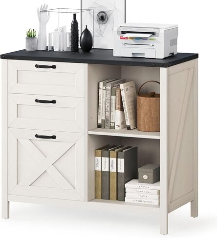 Halitaa 3 Drawer File Cabinet, Farmhouse Lateral Filing Cabinet Fits Files Letter or A4 Size, Wooden Printer Stand with Open Storage Adjustable Shelf for Home Office, White and Brown in Kuwait