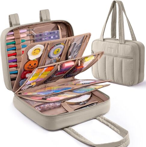 AMOIGEE Sewing Supplies Organizer Bag, Large Craft Storage Tote with 17 Clear Pockets&Tool Holders, Portable Crochet Knitting Embroidery Organizer Case for Threads, Hooks, Needles & Sewing Accessories in Kuwait
