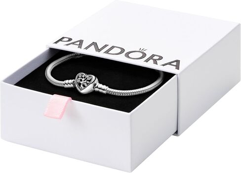Pandora Moments Family Tree Heart Clasp Snake Chain سوار - سحر اللحظات المتوافقة - الفضة الاسترليني، زركونيا مكعب وسوار المينا الأسود للنساء - هدية لها، مع صندوق هدية in Saudi Arabia