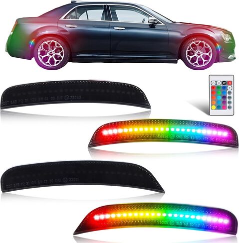 مصابيح علامة جانبية LED RGB كاملة لكرايسلر 300 2015-2024، [4 أوضاع 16 لونًا] مصابيح علامة RGB متعددة الألوان، مجموعة مصد عدسة مدخنة أمامية وخلفية مع جهاز تحكم عن بعد 24 مفتاحًا، 4 قطع in Kuwait