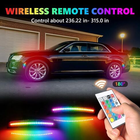 مصابيح علامة جانبية LED RGB كاملة لكرايسلر 300 2015-2024، [4 أوضاع 16 لونًا] مصابيح علامة RGB متعددة الألوان، مجموعة مصد عدسة مدخنة أمامية وخلفية مع جهاز تحكم عن بعد 24 مفتاحًا، 4 قطع in Kuwait