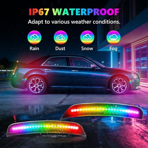 مصابيح علامة جانبية LED RGB كاملة لكرايسلر 300 2015-2024، [4 أوضاع 16 لونًا] مصابيح علامة RGB متعددة الألوان، مجموعة مصد عدسة مدخنة أمامية وخلفية مع جهاز تحكم عن بعد 24 مفتاحًا، 4 قطع in Kuwait