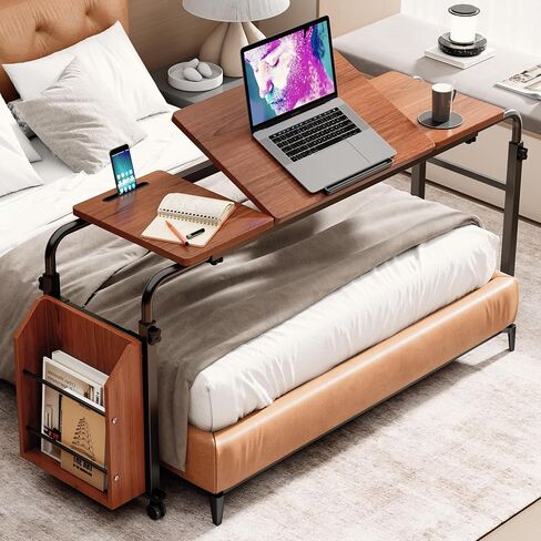 Laptop Desk for Bed,6-Angle Adjustable Overbed Table with Wheels,Adjustable Height and Length Bed Table for Laptop with Side Bookshelf,Standing Desk,Over Bed Desk for Working Hospital Home (Black) in Saudi Arabia