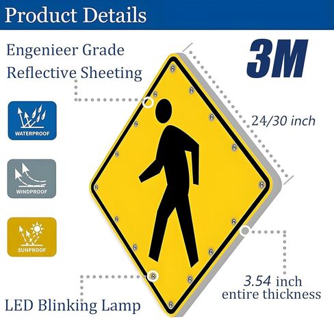 Aluminum Pedestrian Road Warning Signs Traffic, 24"/30" Solar Powered LED Flashing Crossing Sign with Metal Frame & Engineering Grade Reflective Film, for Streets and Crosswalks in Kuwait