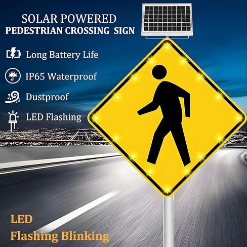 Aluminum Pedestrian Road Warning Signs Traffic, 24"/30" Solar Powered LED Flashing Crossing Sign with Metal Frame & Engineering Grade Reflective Film, for Streets and Crosswalks in Kuwait