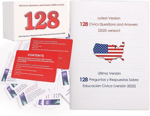 US Citizenship Flash Cards 2026-128 Civics Test Flash Cards Bilingual Spanish English Booklet Combo Set (Questions & Answers), Preguntas para la ciudadania 2026, Naturalization Study Guide in Kuwait