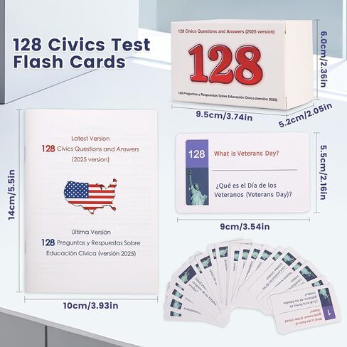 US Citizenship Flash Cards 2026-128 Civics Test Flash Cards Bilingual Spanish English Booklet Combo Set (Questions & Answers), Preguntas para la ciudadania 2026, Naturalization Study Guide in Kuwait