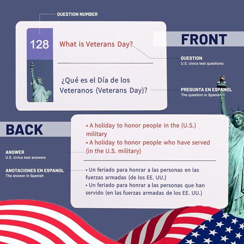 US Citizenship Flash Cards 2026-128 Civics Test Flash Cards Bilingual Spanish English Booklet Combo Set (Questions & Answers), Preguntas para la ciudadania 2026, Naturalization Study Guide in Kuwait